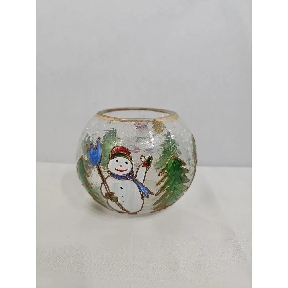 Crackle Glass Votive Hand Painted Snowman Christmas EUC